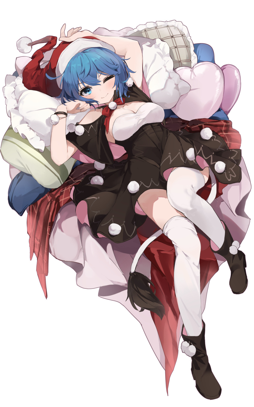 absurdres alternate_costume blanket blue_eyes blue_hair blush breasts chinese_commentary cleavage closed_mouth commentary_request coria doremy_sweet dress female hat head_on_pillow heart heart-shaped_pillow highres multicolored_clothes multicolored_dress nightcap one_eye_closed pillow pom_pom_(clothes) red_hat shoes smile solo strapless strapless_dress tail tapir_tail thighhighs touhou white_thighhighs