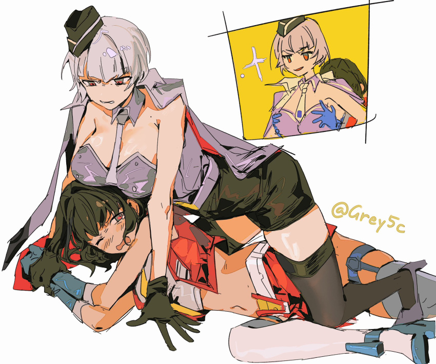 2girls angry black_gloves black_skirt blush breasts crop_top dark_skin decepticon detached_collar gloves grey_hair hat highres huge_breasts jacket jacket_on_shoulders kotobukiya_bishoujo medium_breasts megatron megatron_(kotobukiya_bishoujo) multiple_girls necktie red_eyes shirt short_hair si_ming skirt smile starscream starscream_(kotobukiya_bishoujo) strapless strapless_shirt transformers transformers:_generation_1