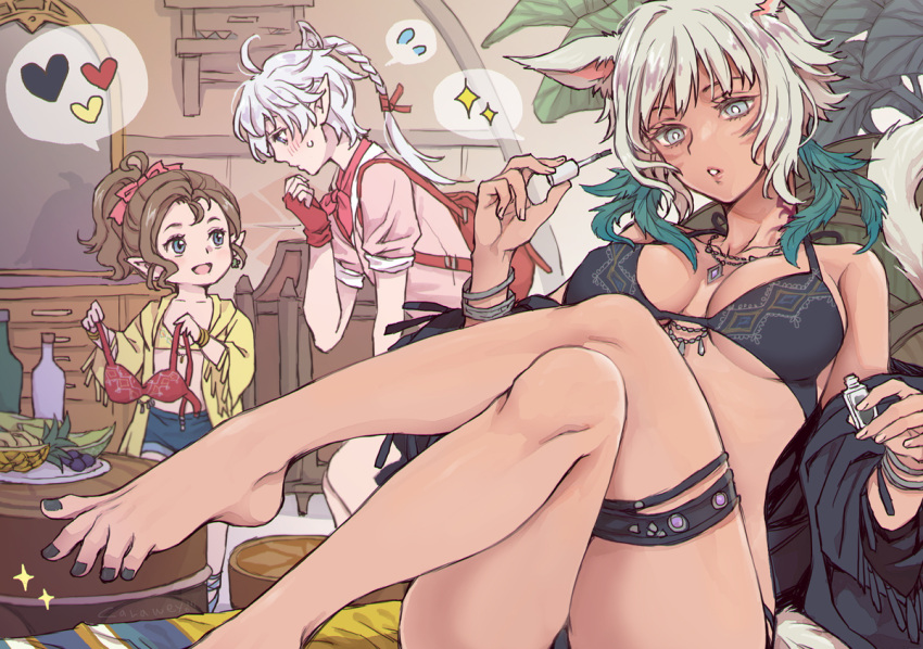 3girls alisaie_leveilleur animal_ears ascot backpack bag barefoot bikini black_bikini breasts brown_hair cat_ears cosmetics elezen elf feet final_fantasy final_fantasy_xiv flying_sweatdrops grey_hair heart jewelry krile_baldesion_(ff14) lalafell long_toes miqo'te multiple_girls nail_polish nail_polish_bottle official_alternate_costume pointy_ears ponytail red_ascot reitomo spoken_heart swimsuit thighlet toenail_polish toenails toes white_hair y'shtola_rhul