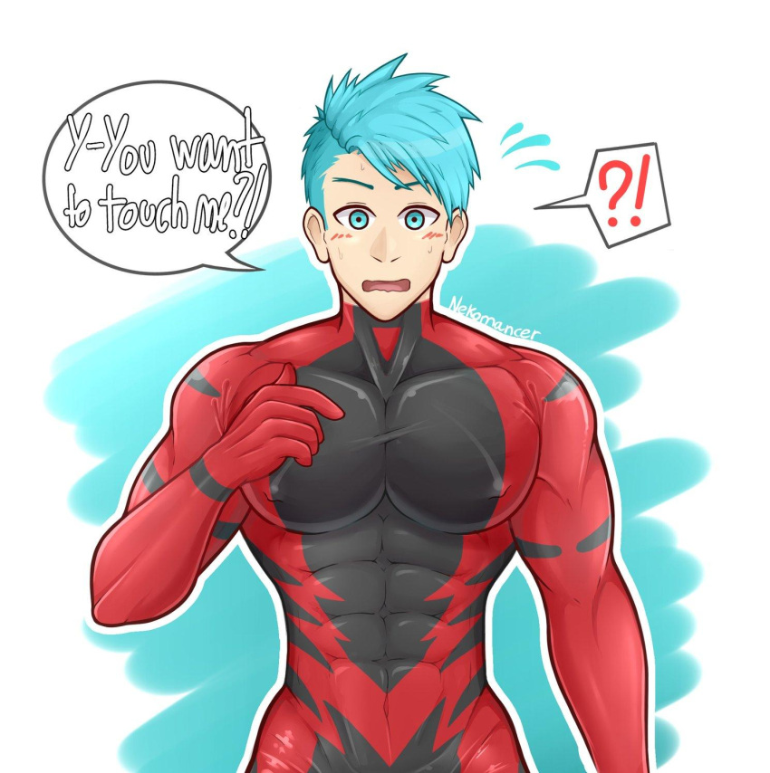 !? 1boy abs alternate_costume blue_background blue_eyes blue_hair blush caspar_von_bergliez covered_nipples cowboy_shot embarrassed english_text fire_emblem fire_emblem:_three_houses flying_sweatdrops highres large_pectorals light_blue_hair looking_at_viewer male_focus multicolored_clothes muscular muscular_male nekomancer-tarako open_mouth outline pectorals pointing pointing_at_self shiny_clothes simple_background solo speech_bubble superhero_costume surprised swept_bangs taut_clothes two-tone_bodysuit undercut white_outline