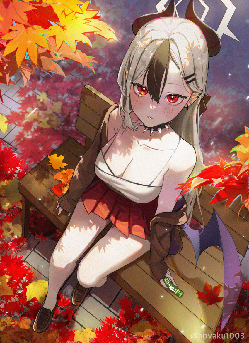 absurdres alternate_costume artist_name bare_shoulders black_hair blue_archive breasts camisole choker cleavage commentary demon_girl demon_horns demon_wings ear_piercing female food hair_between_eyes highres holding holding_food horns hovaku kayoko_(blue_archive) leaf looking_at_viewer looking_up maple_leaf medium_breasts miniskirt multicolored_hair on_bench piercing pleated_skirt purple_wings red_eyes red_skirt single_wing sitting skirt solo spiked_choker spikes streaked_hair thighs white_camisole white_hair wings