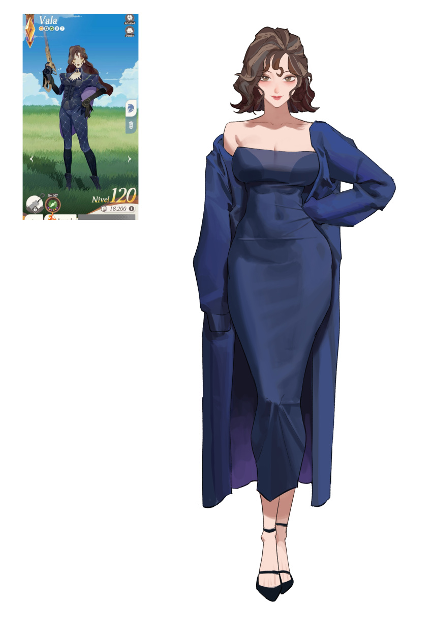 absurdres afk_(series) afk_journey alternate_costume blue_dress blue_sweater breasts brown_eyes brown_hair cleavage dongtan_dress dress female gloves highres large_breasts lips long_sleeves meme_attire short_hair sweater taut_clothes taut_dress vala_(afk) wonbin_lee