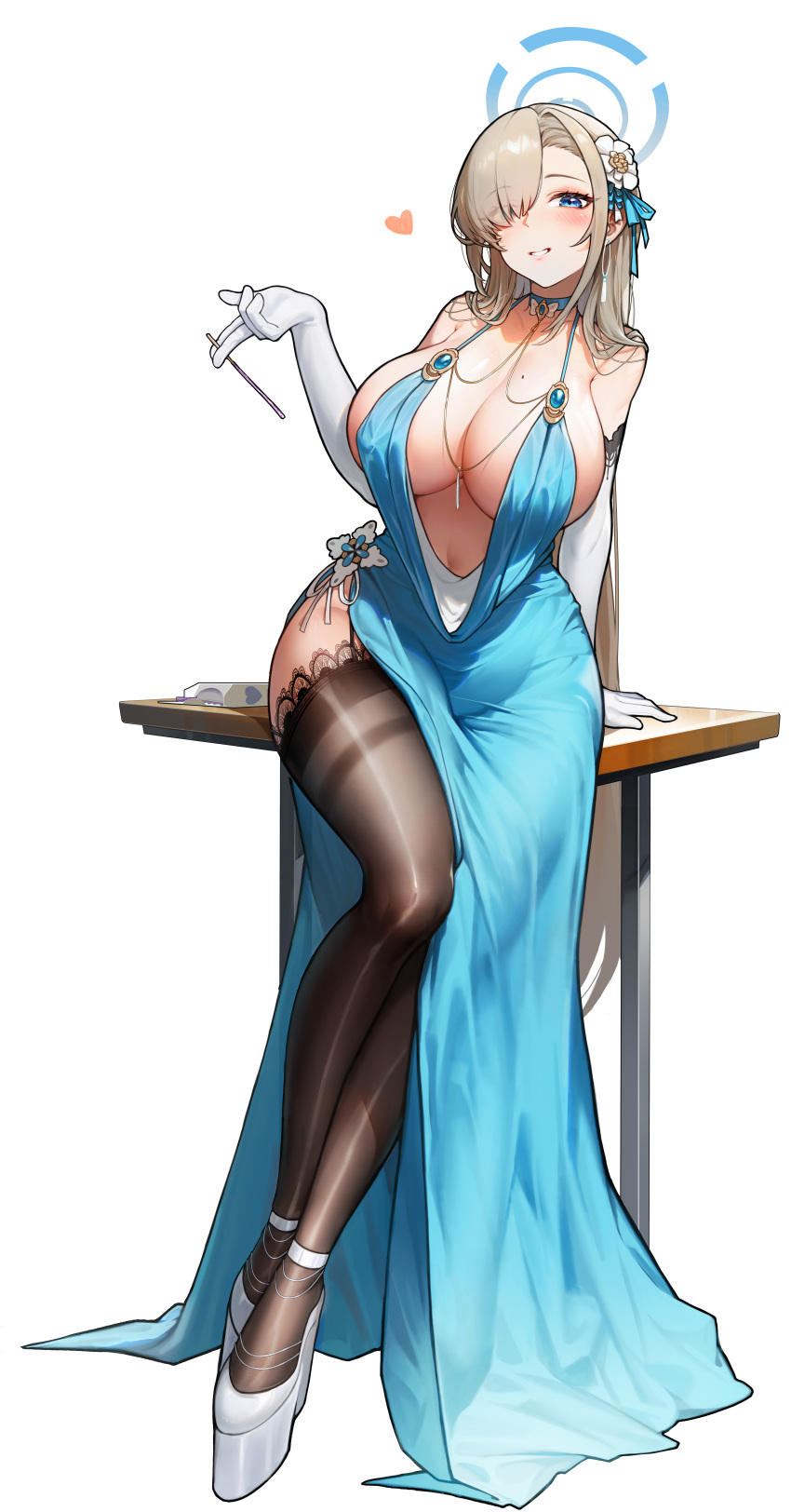 absurdres asuna_(blue_archive) bare_shoulders black_thighhighs blue_archive blue_dress blue_eyes blue_halo breasts cleavage cowl_neck dress elbow_gloves evening_gown female flower gloves hair_flower hair_ornament hair_over_one_eye halo high_heels highres large_breasts light_brown_hair long_hair looking_at_viewer mole mole_on_breast plunging_neckline side_slit simple_background sleeveless sleeveless_dress solo thighhighs thighs very_long_hair wedge_heels white_gloves xifanaiaiai