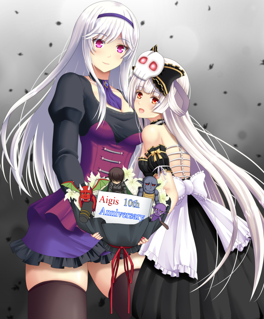 2girls :d anniversary ascot back_bow black_dress black_thighhighs blunt_bangs bouquet bow breasts cleavage commentary dark_anna_(sennen_sensou_aigis) dark_prince_(sennen_sensou_aigis) demon dress falling_leaves figure flower frilled_skirt frills goblin grey_background hair_ornament hairband hairbow highres holding holding_bouquet juliet_sleeves leaf lich_(sennen_sensou_aigis) long_hair long_sleeves looking_at_viewer miniskirt multiple_girls puffy_sleeves purple_ascot purple_eyes purple_hairband purple_skirt red_eyes sennen_sensou_aigis sidelocks skirt skull_hair_ornament smile taira_shihito thighhighs white_flower white_hair