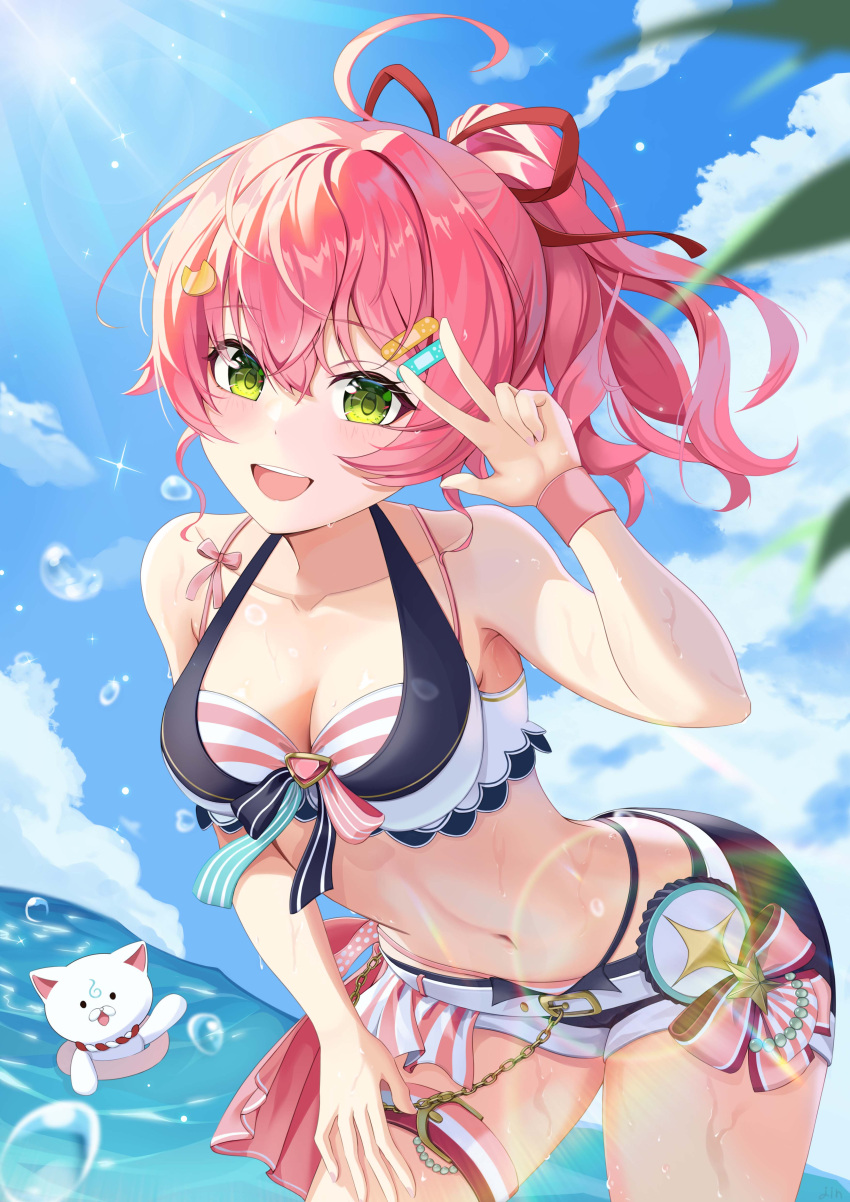 35p_(sakura_miko) absurdres afloat ahoge bandaid bandaid_hair_ornament bent_over bikini blue_sky breasts bubble cleavage cloud day female green_eyes hair_ornament hair_ribbon hairclip highres hololive hololive_summer_2023_swimsuit innertube jin_kemi large_breasts long_hair looking_at_viewer navel ocean official_alternate_costume outdoors pink_hair ponytail red_ribbon ribbon sakura_miko short_shorts shorts sky smile solo stomach sunlight swim_ring swimsuit teeth thigh_strap umbrella upper_teeth_only v virtual_youtuber w_over_eye wrist_cuffs