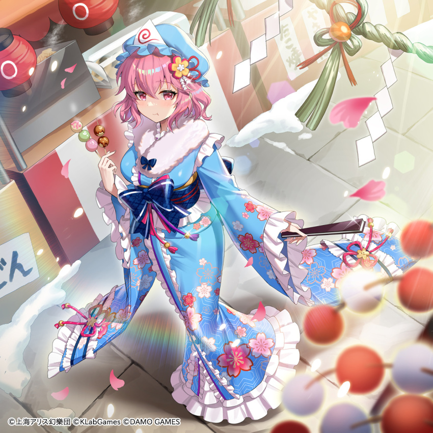 :t anzumame blue_bow blue_hat blue_kimono bow breasts center_frills copyright_notice copyright_request dango falling_petals female festival floral_print_kimono folding_fan food frilled_kimono frills hand_fan hat highres holding holding_fan japanese_clothes kimono market_stall mob_cap obi official_art petals pink_eyes pink_hair pink_petals saigyouji_yuyuko sanshoku_dango sash short_hair takoyaki touhou wagashi