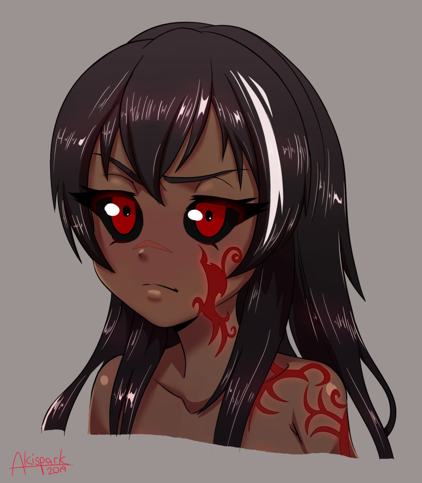 2019 akispark black_hair black_sclera colored_sclera commentary commission dark-skinned_female dark_skin english_commentary facial_tattoo female frown highres multicolored_hair neck_tattoo nude original portrait raised_eyebrow red_eyes shoulder_tattoo signature solo streaked_hair tattoo two-tone_hair very_dark_skin white_hair