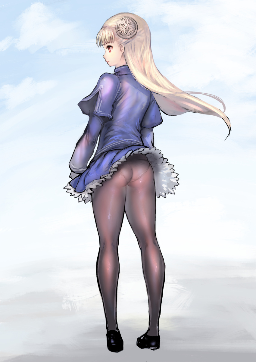 ass blonde_hair blue_jacket brown_pantyhose capcom_fighting_jam female from_behind full_body hairpods highres ingrid_(capcom) jacket johan_(johan13) long_hair panties panties_under_pantyhose pantyhose petticoat red_eyes shoes solo underwear wind wind_lift