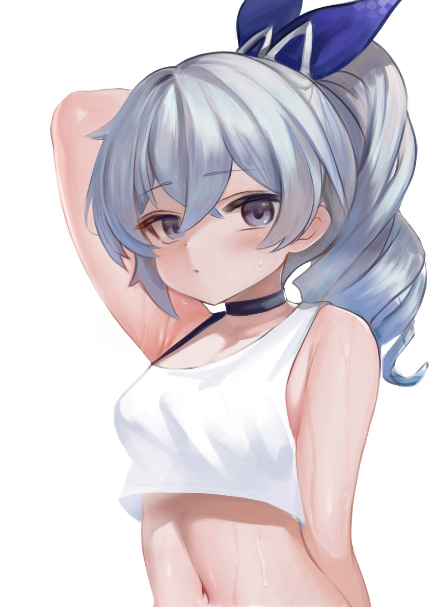 absurdres arm_up bare_shoulders black_choker blue_ribbon bra_strap choker crop_top dokomon female grey_eyes grey_hair hair_ribbon highres honkai:_star_rail honkai_(series) long_hair looking_at_viewer midriff navel ponytail ribbon shirt silver_wolf_(honkai:_star_rail) simple_background single-shoulder_shirt solo stomach upper_body white_background white_shirt