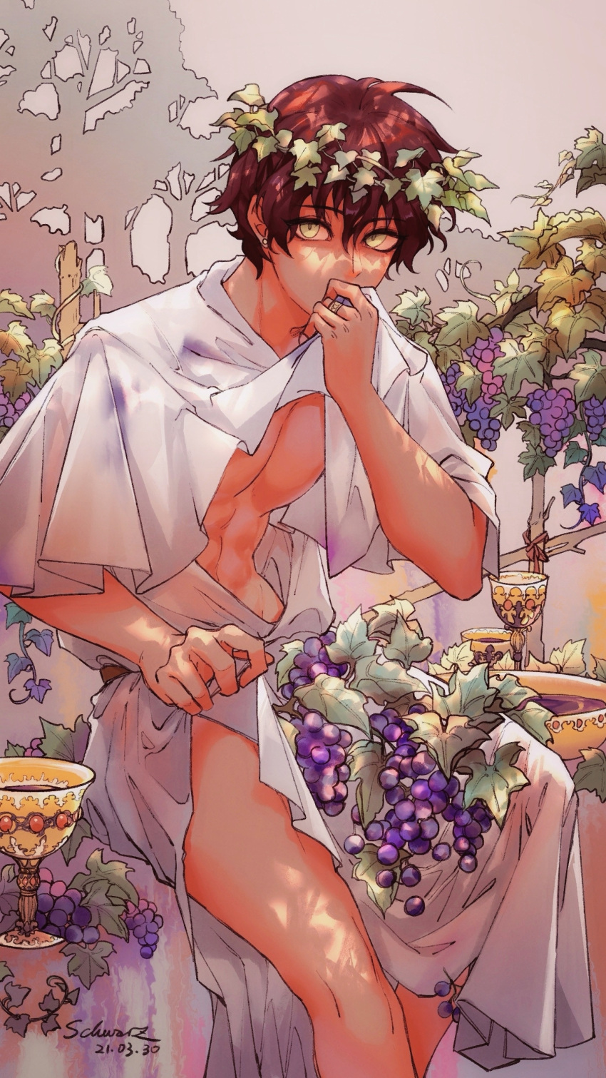 1boy absurdres axis_powers_hetalia bare_pectorals brown_hair capelet clothes_lift corvusnemo cup dark-skinned_male dark_skin earrings food fruit grapes green_eyes highres jewelry lifting_own_clothes male_focus pectorals plant short_hair sitting solo spain_(hetalia) toga wavy_hair white_capelet wreath