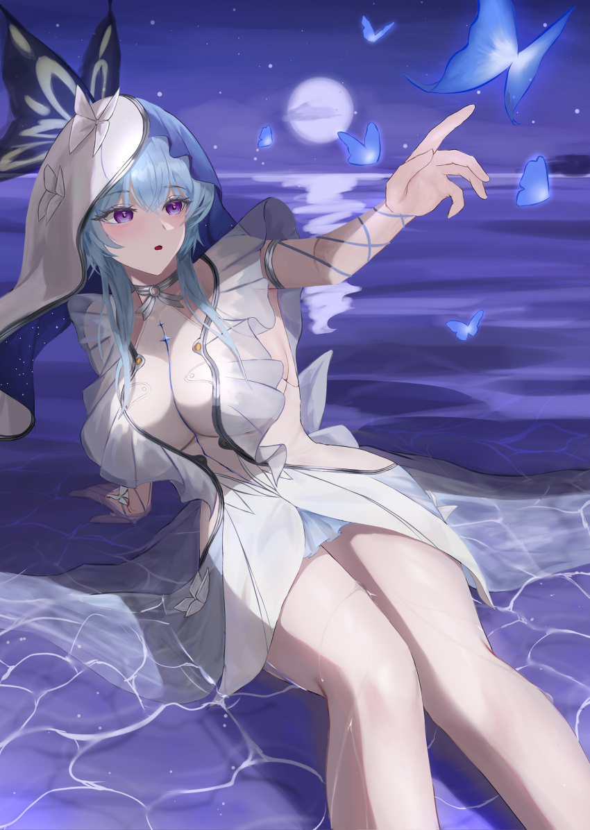 absurdres arm_support armlet bare_legs blue_butterfly blue_hair blue_veil breasts bug butterfly commentary covered_collarbone dress feet_out_of_frame female hair_between_eyes highres ileong jewelry large_breasts legs long_hair looking_at_animal open_mouth purple_sky sitting sky sleeveless sleeveless_dress solo the_shorekeeper_(wuthering_waves) two-tone_veil veil water wet white_dress white_veil wuthering_waves