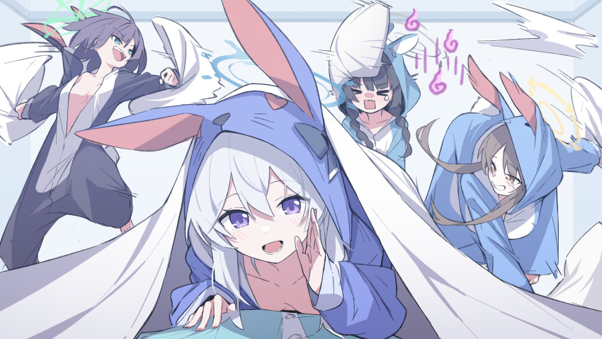 >_< 4girls absurdres alternate_costume animal_ears animal_hood bed_sheet black_hair blue_archive blue_halo blue_pajamas blush braid breasts brown_hair fake_animal_ears green_halo grey_halo grey_pajamas halo hand_on_another's_chest highres hood long_hair looking_at_viewer miyako_(blue_archive) miyu_(blue_archive) mmhomm moe_(blue_archive) multiple_girls open_clothes open_mouth pajamas pillow purple_eyes rabbit_platoon_(blue_archive) saki_(blue_archive) short_hair throwing twin_braids white_hair yellow_halo