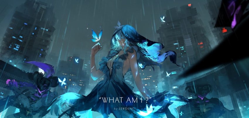 artist_name blue_butterfly blue_eyes blue_hair blue_theme blue_veil breasts bug building butterfly commentary cowboy_shot cracked_skin dress english_commentary english_text female grey_sky hair_between_eyes hand_up highres large_breasts lewdlily66 looking_at_animal monster outdoors rain sky sleeveless sleeveless_dress solo standing the_shorekeeper_(wuthering_waves) two-tone_veil veil white_veil wuthering_waves