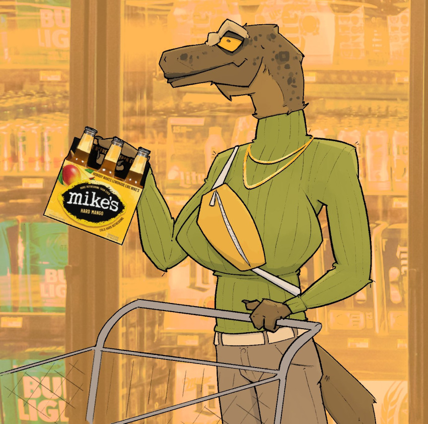 alcohol anthro beverage cart dinosaur fanny_pack female hard_lemonade hi_res jayda_(zagz) jewelry lips logo necklace photo_background photography_(artwork) prehistoric_species reptile scalie solo zagz