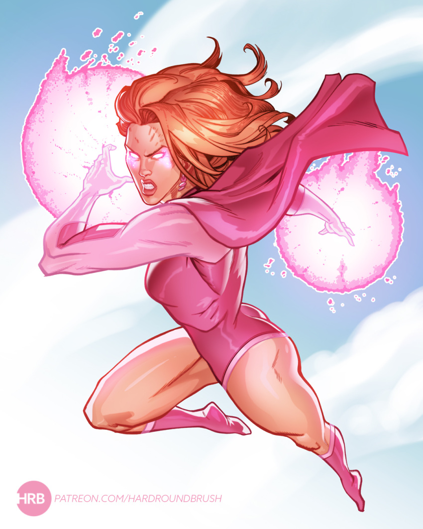 1girls atom_eve cape earrings female female_only flying glowing_eyes hardbrush invincible leotard light-skinned_female light_skin medium_breasts muscular muscular_arms muscular_female orange_hair patreon_username pink_leotard sky solo solo_female superheroine