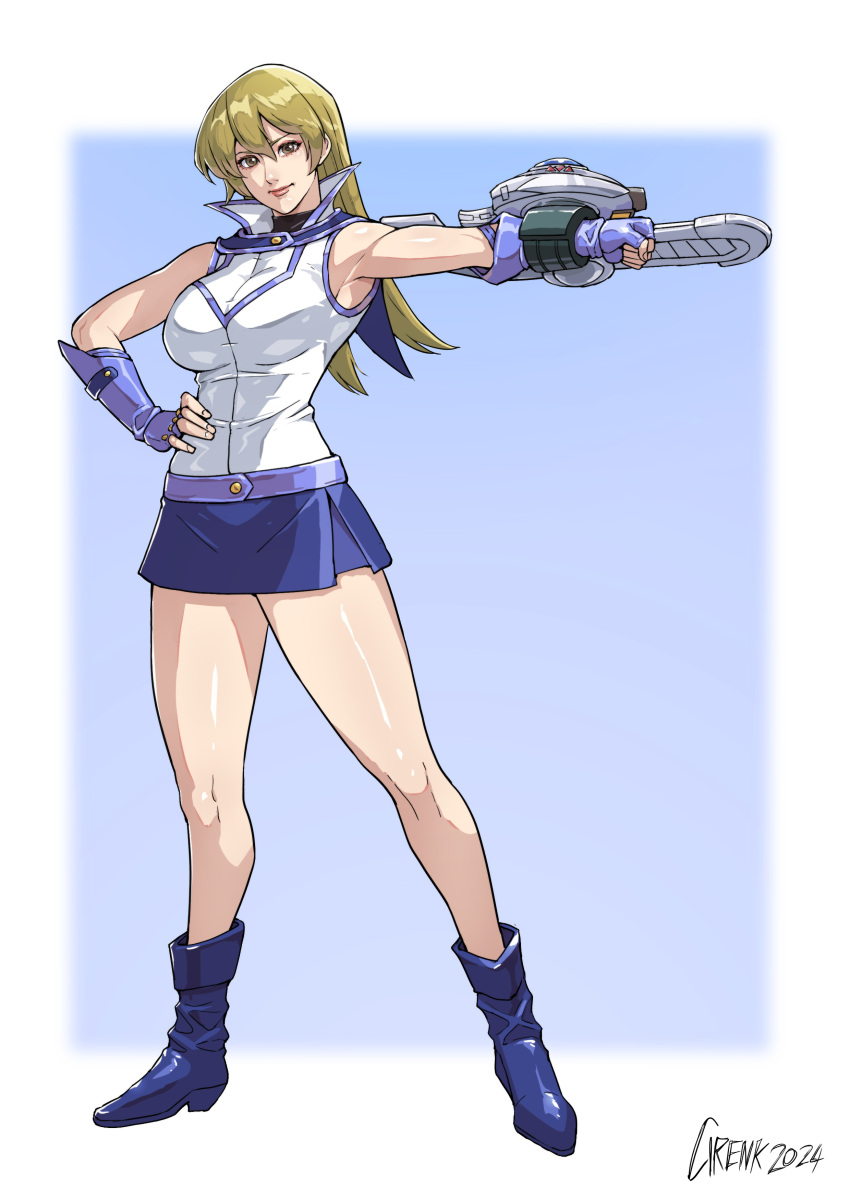 absurdres blonde_hair blue_gloves blue_skirt blush breasts brown_eyes cirenk closed_mouth duel_academy_uniform_(yu-gi-oh!_gx) duel_disk female fingerless_gloves gloves hair_between_eyes highres large_breasts long_hair looking_at_viewer miniskirt shirt simple_background skirt sleeveless sleeveless_jacket smile solo straight_hair tenjouin_asuka white_background yu-gi-oh! yu-gi-oh!_gx