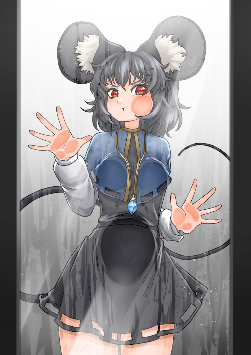 :t against_glass animal_ears blue_capelet blush breasts capelet closed_mouth commentary commission cowboy_shot crystal english_commentary female grey_hair grey_skirt grey_vest highres jewelry long_sleeves looking_at_viewer medium_breasts mouse_ears mouse_girl mouse_tail nazrin necklace pendant red_eyes shirt short_hair skirt skirt_set solo superfann3 tail touhou v-shaped_eyebrows vest white_shirt