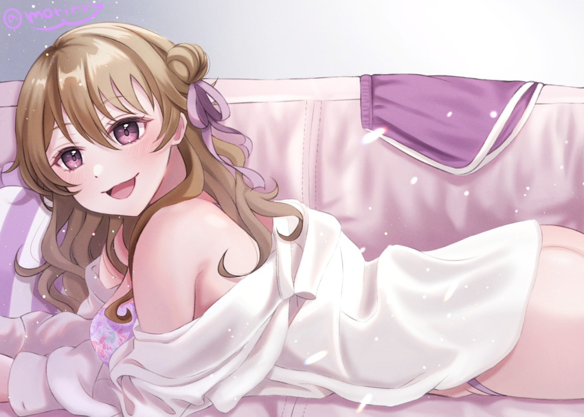 :3 :d ass bare_shoulders blush bra breasts brown_hair commentary cowboy_shot dolphin_shorts dress_shirt female frilled_pillow frills hair_between_eyes hair_bun hair_ribbon highres konoe_kanata large_breasts light_particles long_hair long_sleeves looking_at_viewer love_live! love_live!_nijigasaki_high_school_idol_club lying off_shoulder official_alternate_costume official_alternate_hairstyle on_stomach open_mouth oversized_clothes oversized_shirt panties pillow pink_bra purple_eyes purple_panties purple_ribbon purple_shorts ribbon ryuuka_(moriryuuuuu24) shirt shorts single_side_bun smile solo tokimeki_no_mirai_chizu twitter_username underwear unworn_shorts wavy_hair white_shirt