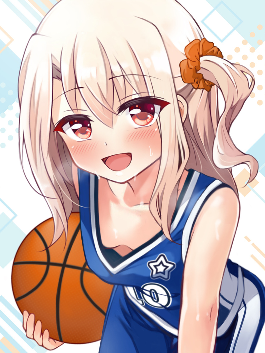 bare_shoulders basketball basketball_uniform blush breasts fate/kaleid_liner_prisma_illya fate_(series) female highres illyasviel_von_einzbern long_hair looking_at_viewer mochi_(k620803n) open_mouth red_eyes sidelocks small_breasts smile solo sportswear white_hair