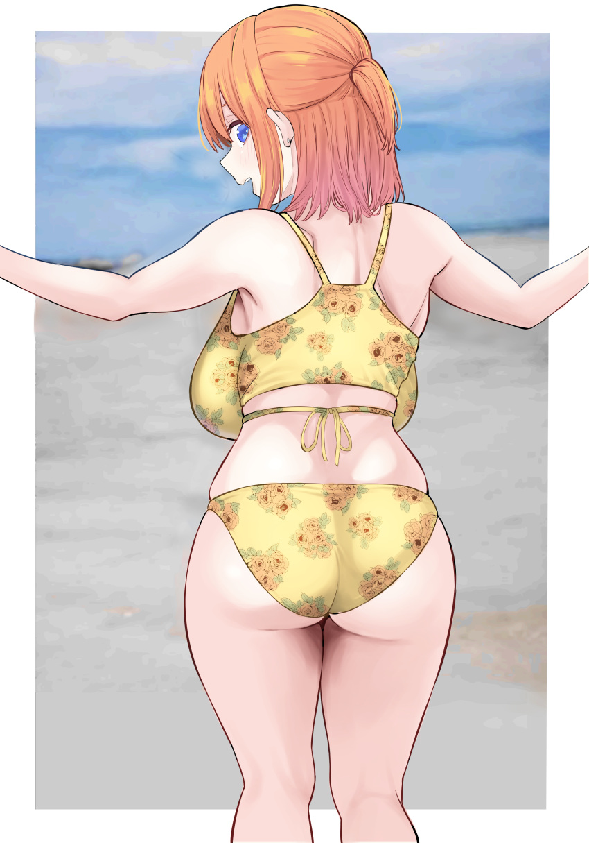 absurdres alternate_hairstyle arms_at_sides ass beach bikini blue_eyes border breasts feet_out_of_frame female from_behind go-toubun_no_hanayome highres large_breasts looking_at_viewer looking_back marimo_625 medium_hair nakano_yotsuba ocean open_mouth orange_hair outdoors outside_border plump print_bikini profile solo standing swimsuit white_border yellow_bikini