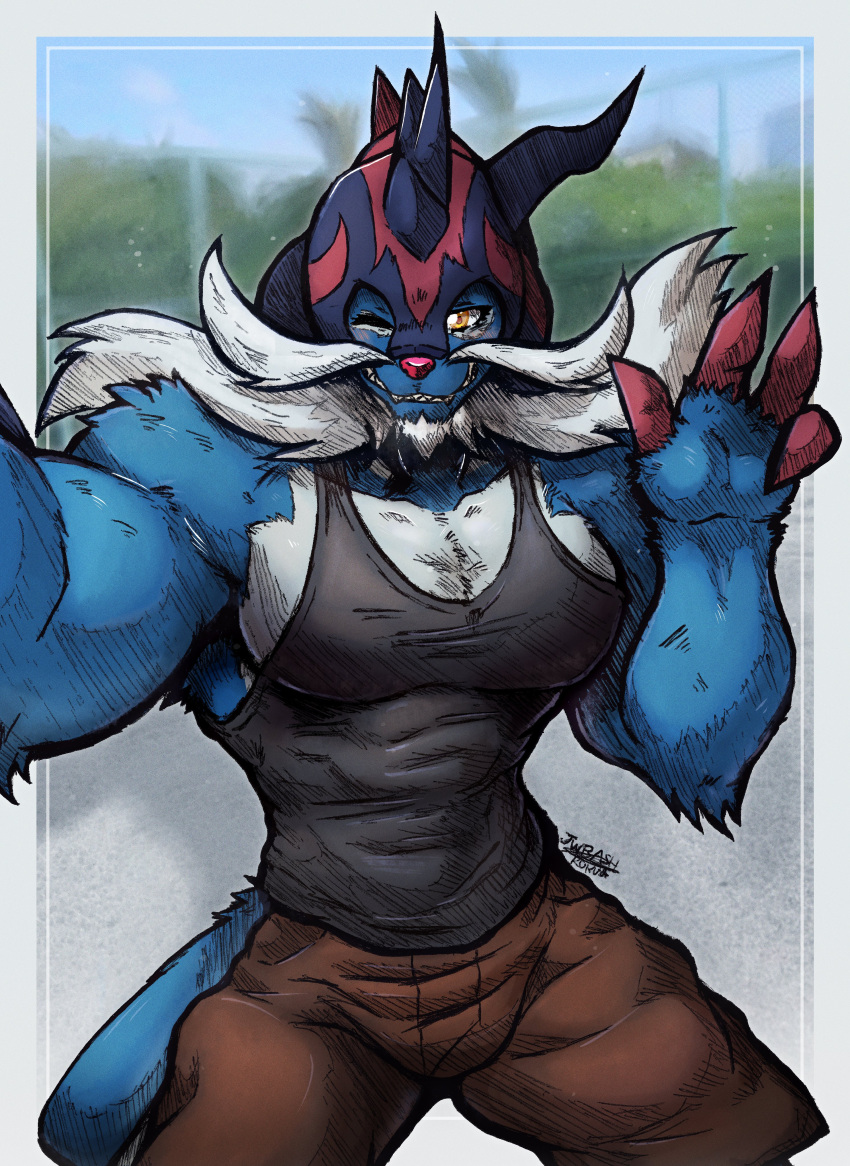 abs absurd_res anthro armor beard big_chest black_clothing blue_body blue_fur clothing facial_hair fangs fur generation_8_pokemon gesture hair hand_gesture headgear helmet hi_res hisuian_form hisuian_samurott jwbash male melee_weapon moustache muscular muscular_anthro muscular_arms muscular_male mustach nintendo pecs phone_view pokemon pokemon_(species) red_nose regional_form_(pokemon) solo spiked_armor spiked_helmet spikes sword taking_picture taking_selfie teeth v_sign weapon white_beard white_facial_hair white_hair white_mustache yellow_eyes