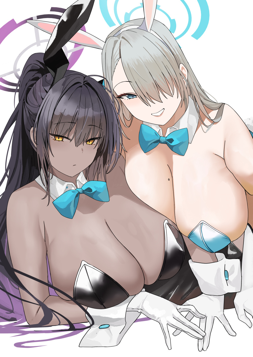 2girls absurdres animal_ear_hairband animal_ears aqua_bow aqua_bowtie aqua_leotard asuna_(blue_archive) asuna_(bunny)_(blue_archive) asymmetrical_bangs black_hair black_leotard blue_archive bow bowtie breasts commentary dark-skinned_female dark_skin detached_collar fake_animal_ears gloves grey_hair hair_over_one_eye hairband halo highres huge_breasts karin_(blue_archive) karin_(bunny)_(blue_archive) leotard long_hair looking_at_viewer mole mole_on_breast multicolored_hair multiple_girls one_eye_covered playboy_bunny ponytail purple_hair rabbit_ear_hairband rabbit_ears simple_background strapless strapless_leotard tnr_(horiko1525) two-tone_hair very_long_hair white_background white_gloves wrist_cuffs