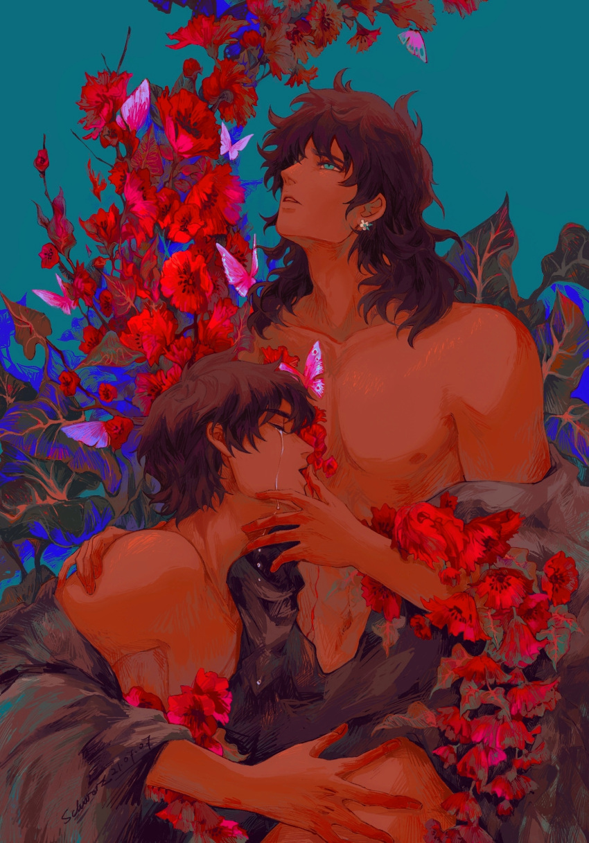 2boys axis_powers_hetalia bare_pectorals blue_eyes brown_hair bug butterfly corvusnemo crying dark-skinned_male dark_skin flower highres male_focus medium_hair multiple_boys navel nipples partially_undressed pectorals plant portugal_(hetalia) spain_(hetalia) wavy_hair yaoi