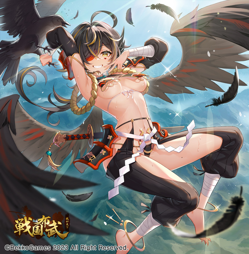 ahoge animal anzumame arm_wrap armpits barefoot bird black_feathers black_hair blonde_hair breast_curtains breasts clothing_cutout copyright_notice copyright_request eyepatch facial_mark feathers female hip_armor holding holding_animal holding_bird katana leg_wrap linea_alba long_hair mole mole_on_thigh navel official_art smile solo sweat sword thigh_cutout thighs triangle_facial_mark weapon yellow_eyes