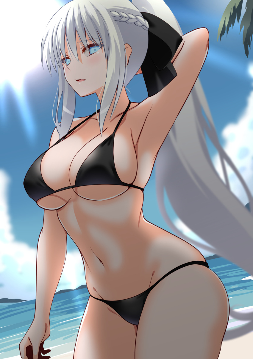 beach bikini black_bow blue_eyes bow braid breasts cleavage engo_(aquawatery) fate/grand_order fate_(series) female grey_hair hairbow highres large_breasts long_hair looking_at_viewer morgan_le_fay_(fate) navel open_mouth ponytail sidelocks solo swimsuit thighs very_long_hair