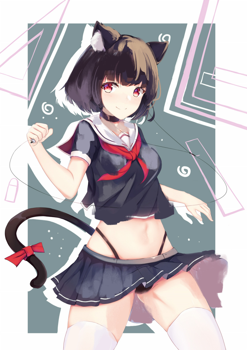 airool animal_ear_fluff animal_ears ass_visible_through_thighs azur_lane black_choker black_hair black_panties black_serafuku black_shirt black_skirt blush bow breasts cable cat_ears cat_girl cat_tail chinese_commentary choker closed_mouth collarbone commentary_request digital_media_player female groin highleg highleg_panties highres holding medium_breasts midriff navel neckerchief panties pleated_skirt red_bow red_eyes red_neckerchief revision sailor_collar school_uniform serafuku shirt short_hair short_sleeves skirt smile solo tail tail_bow tail_ornament thighhighs underwear white_sailor_collar white_thighhighs yamashiro_(azur_lane)