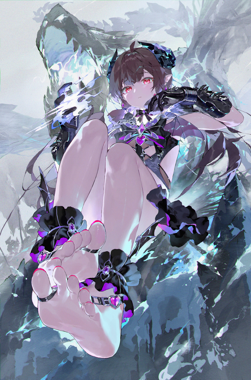 absurdres ankle_cuffs armor armored_dress armored_gloves bare_shoulders barefoot black_dress black_gloves blue_fire blush bodhi_wushushenghua bright_pupils dress female fire gloves headset highres jewelry long_hair looking_at_viewer multiple_rings original outdoors pointy_ears purple_brooch red_eyes red_nails ring soles solo toes twintails white_pupils