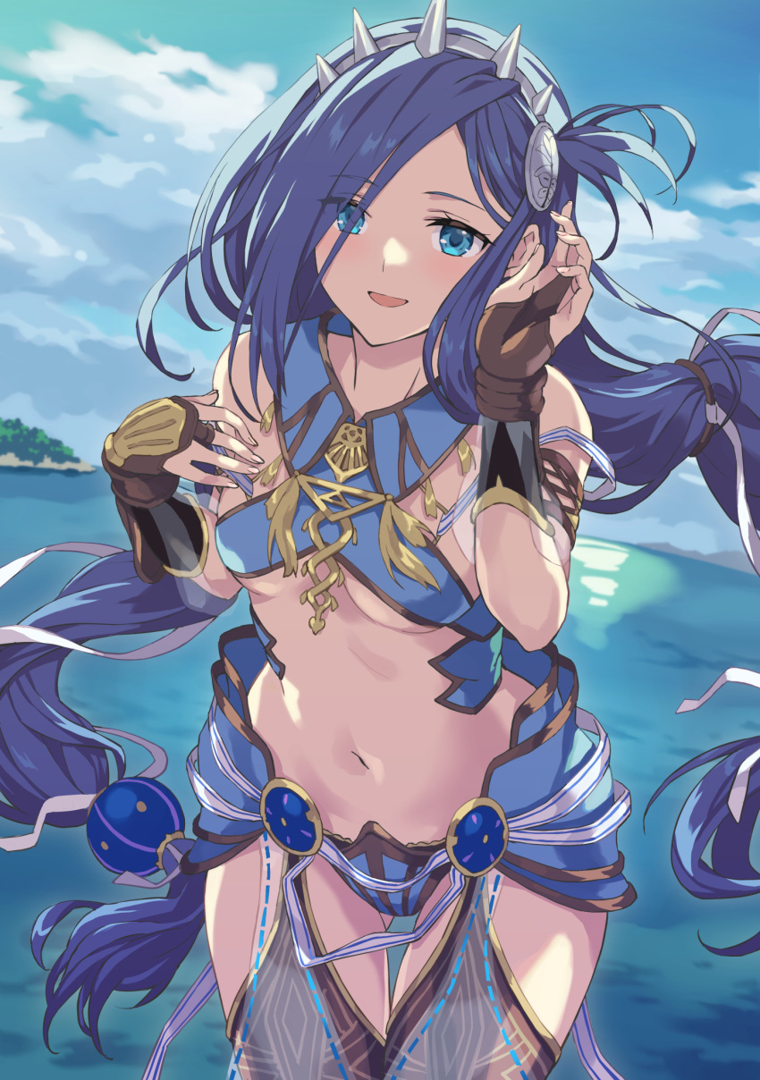 ass_visible_through_thighs bare_shoulders blue_eyes blue_hair blue_sky blush breasts cloud dana_iclucia day female gloves hair_ornament hairband highres long_hair looking_at_viewer medium_breasts midriff navel ocean open_mouth outdoors rasahan revealing_clothes ribbon sky smile solo standing stomach thigh_gap thighs twintails underboob very_long_hair water white_ribbon ys ys_viii_lacrimosa_of_dana