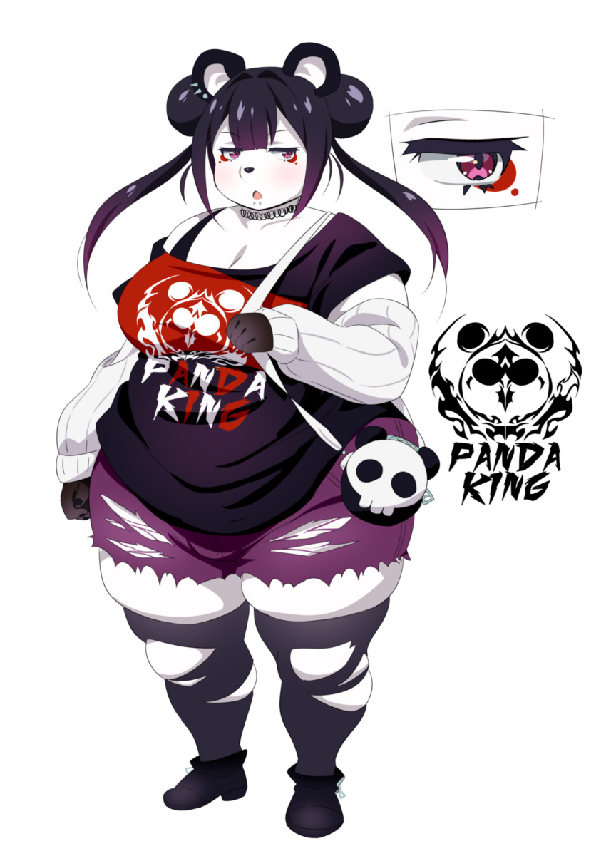 animal_ears animal_nose black_hair blush collarbone detached_sleeves double_bun english_commentary english_text female full_body gradient_hair grey_sleeves grey_thighhighs hair_between_eyes hair_bun highres jitome looking_at_viewer multicolored_hair open_mouth original panda_girl pink_eyes purple_hair purple_shirt purple_shorts shirt shoes shorts sidelocks simple_background sleeves_past_wrists solo standing thick_thighs thighhighs thighs tomatomagica torn_clothes torn_thighhighs white_background