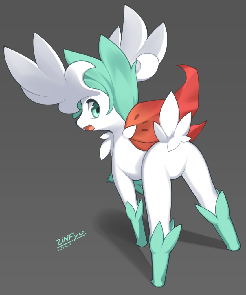 2024 absurd_res ambiguous_gender ass digital_media_(artwork) feral fur generation_4_pokemon green_eyes green_hair hair hi_res horn legendary_pokemon looking_at_viewer nintendo open_mouth open_smile pokemon pokemon_(species) rear_view shaymin simple_background sky_forme_shaymin smile solo standing tail tongue white_body white_fur white_tail zinfyu