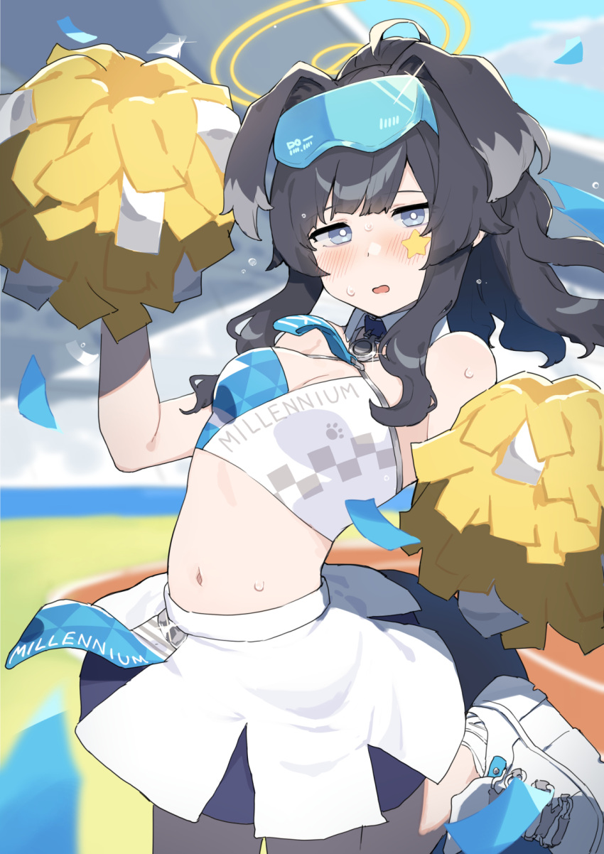 animal_ears bare_shoulders black_hair blue_archive blue_eyes blue_sky blush breasts cheerleader commentary_request crop_top day dog_ears dog_girl dog_tail eyewear_on_head female halo hibiki_(blue_archive) hibiki_(cheer_squad)_(blue_archive) highres holding kemololi long_hair looking_at_viewer midriff millennium_cheerleader_outfit_(blue_archive) navel official_alternate_costume open_mouth outdoors pom_pom_(cheerleading) shoes skirt sky small_breasts sneakers solo stomach sunglasses sweat tail white_skirt