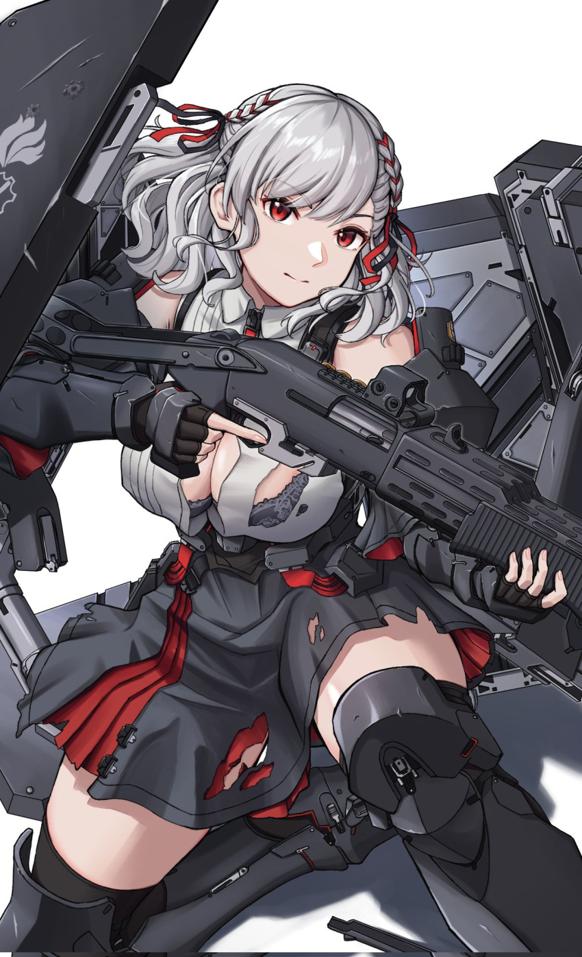 arm_armor black_bra black_gloves black_ribbon black_skirt black_thighhighs bra bra_peek breasts citrus7763 cleavage closed_mouth commentary corrupted_twitter_file english_commentary female fingerless_gloves girls'_frontline gloves grey_hair gun hair_ribbon highres holding holding_gun holding_weapon leg_armor looking_at_viewer medium_hair on_one_knee pump_action red_eyes red_ribbon red_skirt ribbon shield_module shirt shotgun simple_background skirt solo spas-12 spas-12_(girls'_frontline) spas-12_(mod3)_(girls'_frontline) thighhighs torn_clothes torn_shirt torn_skirt trigger_discipline two-tone_ribbon two-tone_skirt underwear weapon white_background