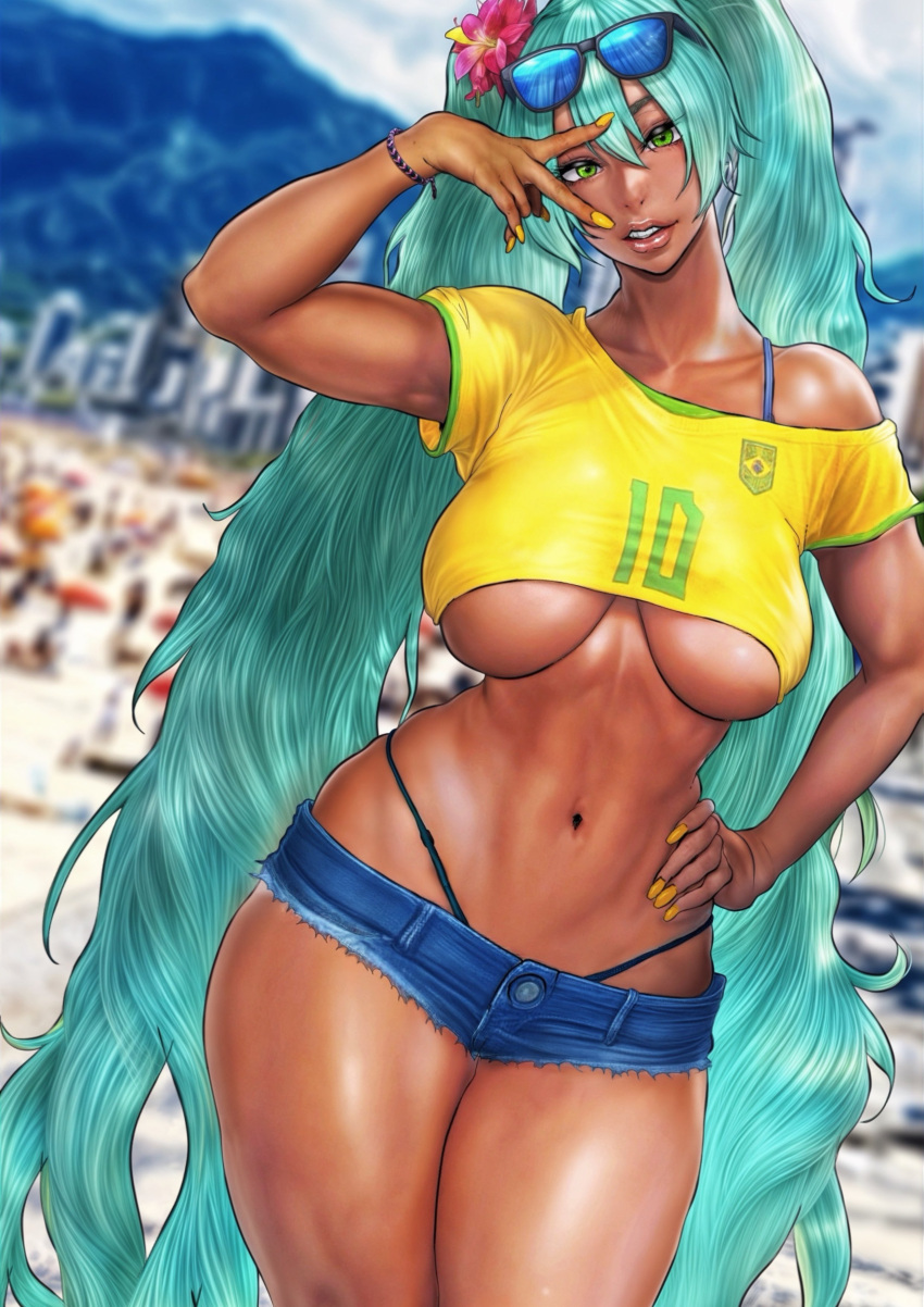 absurdres alternate_breast_size aqua_eyes aqua_hair ass b_0_rukia bikini bikini_under_clothes black_bikini borrowed_design brazilian_flag brazilian_flag_print brazilian_miku breasts curvy dark-skinned_female dark_skin denim denim_shorts eyewear_on_head female fingernails flip-flops flower from_behind hair_flower hair_ornament hatsune_miku highres kneepits large_breasts legs lips long_fingernails long_hair looking_at_viewer micro_shorts navel parted_lips sandals shirt shorts soles solo sunglasses swimsuit tan thick_thighs thighs twintails underboob vocaloid whale_tail_(clothing) yellow_nails yellow_shirt