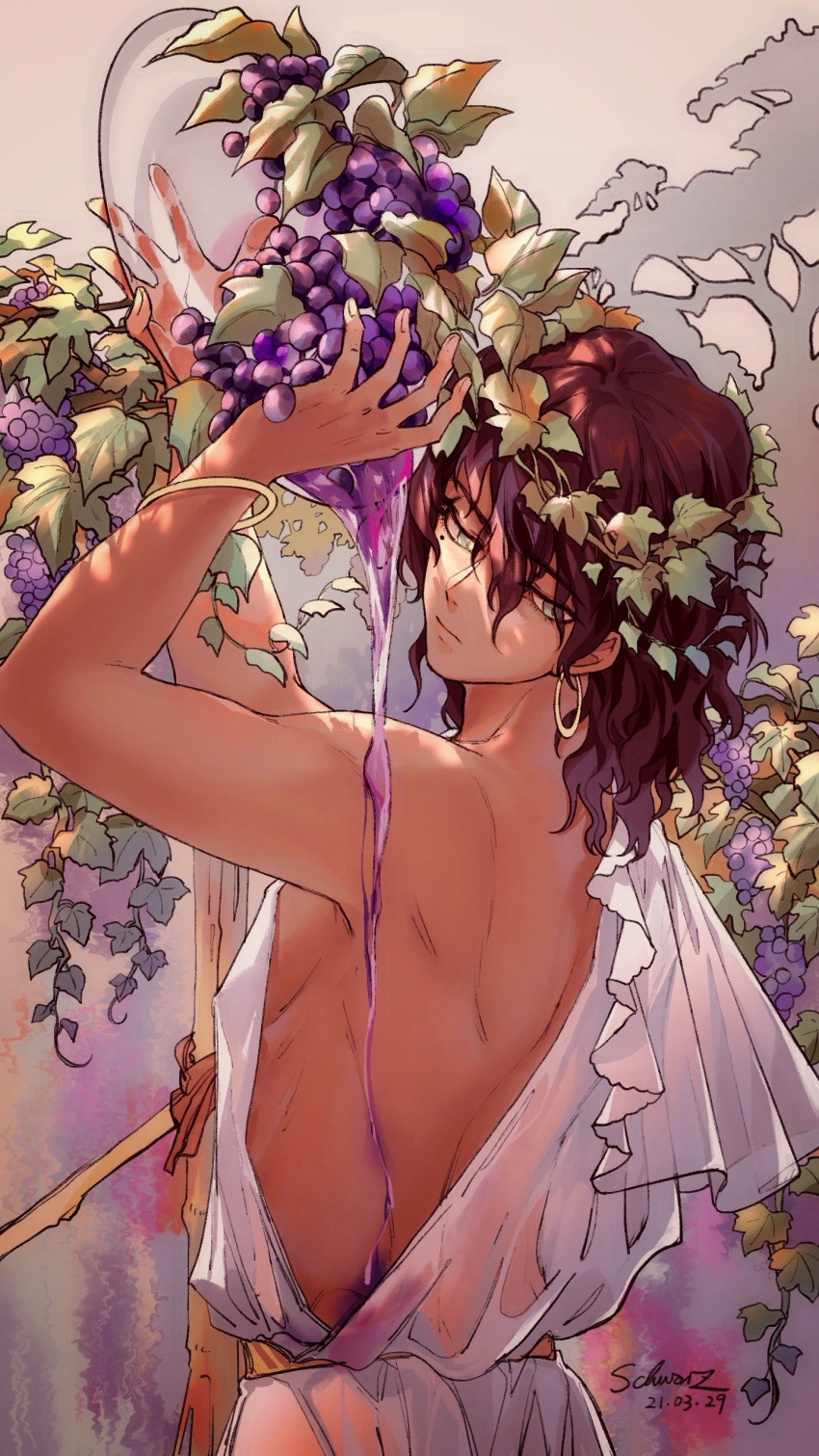 1boy absurdres axis_powers_hetalia back brown_hair corvusnemo dark-skinned_male dark_skin earrings food fruit grapes green_eyes head_wreath highres holding holding_jar hoop_earrings jar jewelry male_focus medium_hair mole mole_under_eye plant portugal_(hetalia) solo toga upper_body wavy_hair