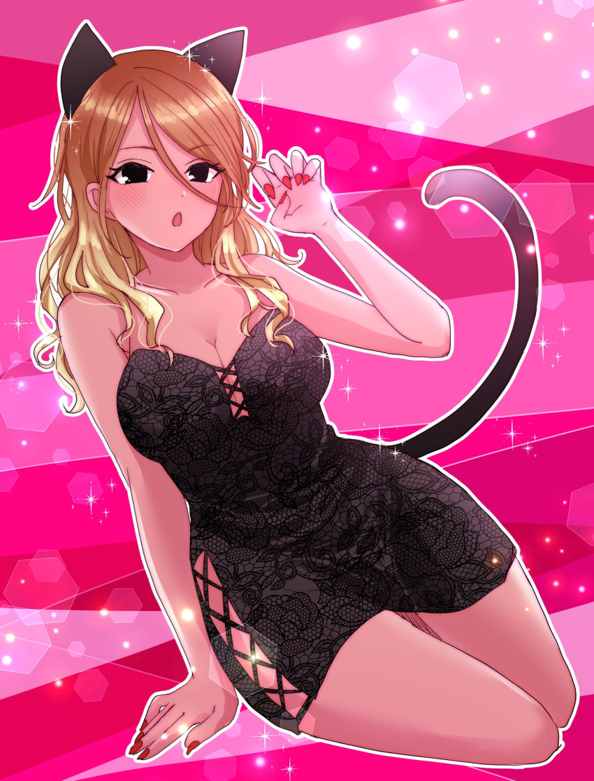 animal_ears arm_support bare_shoulders black_dress black_eyes blonde_hair blush breasts brown_hair cat_ears cat_tail cleavage collarbone dark-skinned_female dark_skin dot_nose dress fake_animal_ears fake_tail female floral_print_dress gradient_hair gyaru hanasaki_rine hand_up highres idolmaster idolmaster_shiny_colors izumi_mei kneeling large_breasts lens_flare lens_flare_abuse light_particles long_hair looking_at_viewer miniskirt multicolored_hair nail_polish open_mouth paw_pose pencil_skirt pink_background print_dress red_background red_nails side_slit skirt solo sparkle strapless strapless_dress tail two-tone_background