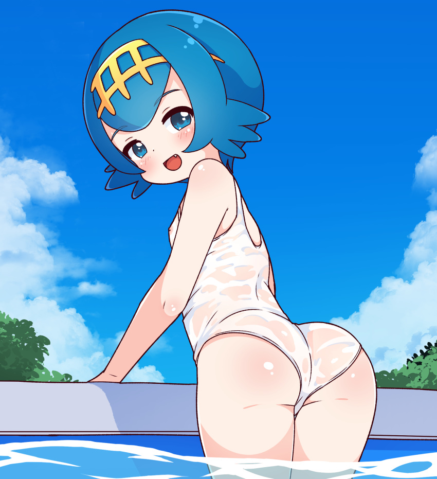 :d absurdres ass blue_eyes blue_hair blush cloud commentary day female hairband highres kaze_(2kaze5) lana_(pokemon) looking_at_viewer looking_back oerba_yun_fang one-piece_swimsuit open_mouth outdoors pokemon pokemon_sm pool short_hair sky smile solo swimsuit water wet wet_clothes wet_swimsuit white_one-piece_swimsuit yellow_hairband