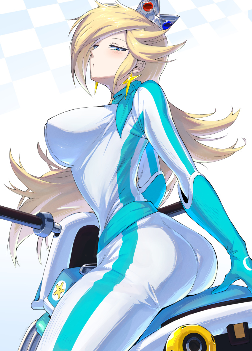 aqua_bikesuit biker_clothes biker_rosalina bikesuit blonde_hair blue_eyes bodysuit breasts crown earrings female gloves highres jewelry large_breasts long_hair mario_(series) mario_kart motor_vehicle motorcycle racing_suit rosalina scarf shimure_(460) skin_tight solo star_(symbol) star_earrings super_mario_galaxy