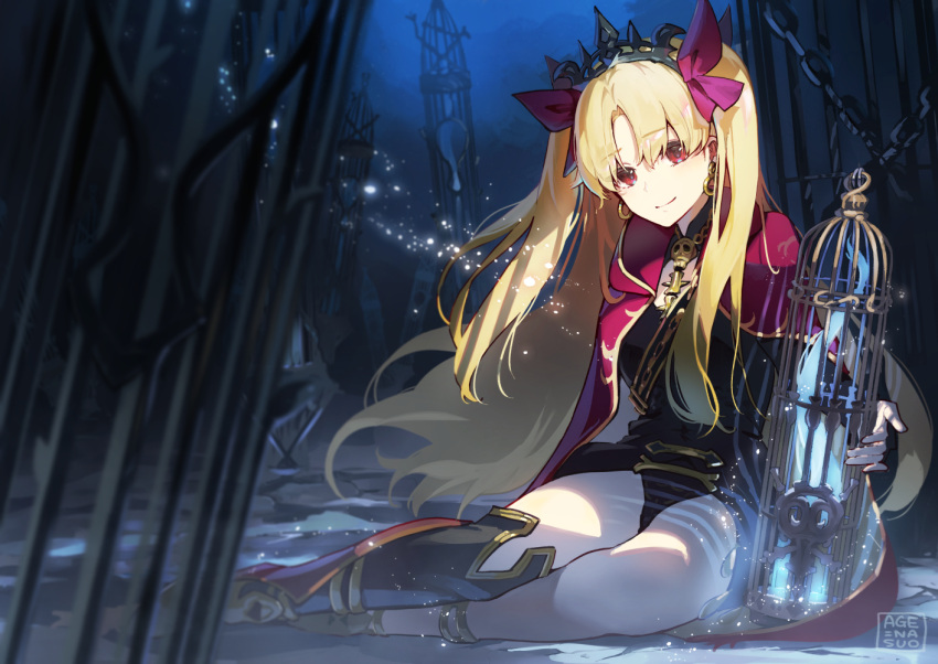 age_nasuo artist_logo asymmetrical_legwear blonde_hair boots bow earrings ereshkigal_(fate) fate/grand_order fate_(series) female full_body gold hairbow jewelry knee_boots long_hair looking_at_viewer necklace red_eyes sitting skull_necklace smile solo tiara twintails yokozuwari