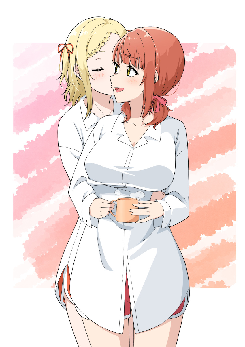 2girls absurdres blonde_hair blush border braid braided_bangs breasts cleavage closed_eyes coffee_mug collarbone collared_shirt commentary cup dolphin_shorts dress_shirt hair_ribbon highres holding holding_cup hug hug_from_behind large_breasts long_sleeves love_live! love_live!_nijigasaki_high_school_idol_club low_twintails medium_hair miyashita_ai mug multicolored_background multiple_girls official_alternate_costume open_mouth orange_background orange_hair orange_ribbon orange_shorts orinasu outside_border oversized_clothes oversized_shirt pink_background pink_ribbon pink_shorts ribbon shirt short_shorts shorts sidelocks sideways_mouth steam tokimeki_no_mirai_chizu twintails uehara_ayumu white_background white_border white_shirt yellow_eyes yuri