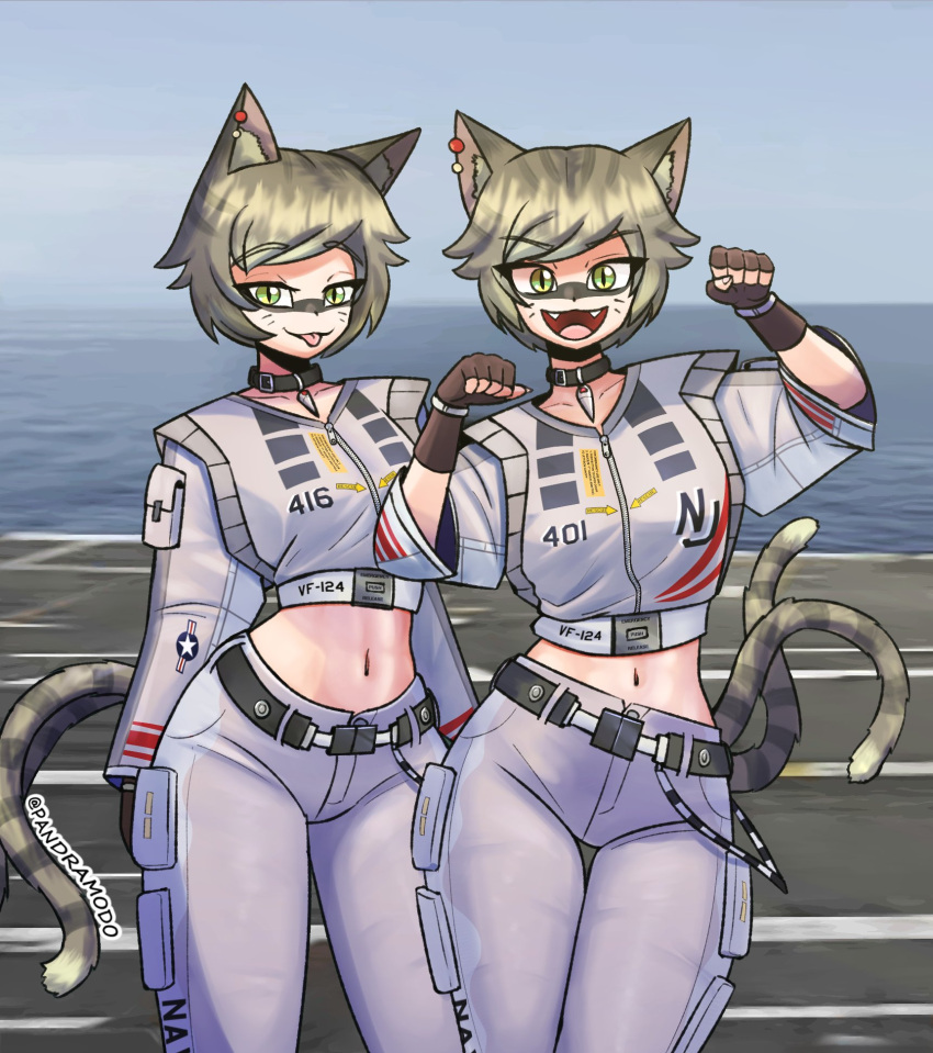 2girls :3 aircraft airplane animal_ears belt blonde_hair breasts cat_ears cat_tail crop_top ear_ornament f-14_tomcat fighter_jet fingerless_gloves gloves green_eyes group_picture highres jacket medium_breasts medium_hair midriff military_vehicle motion_lines multiple_girls navel open_mouth original pandramodo personification smile standing tail teeth tongue