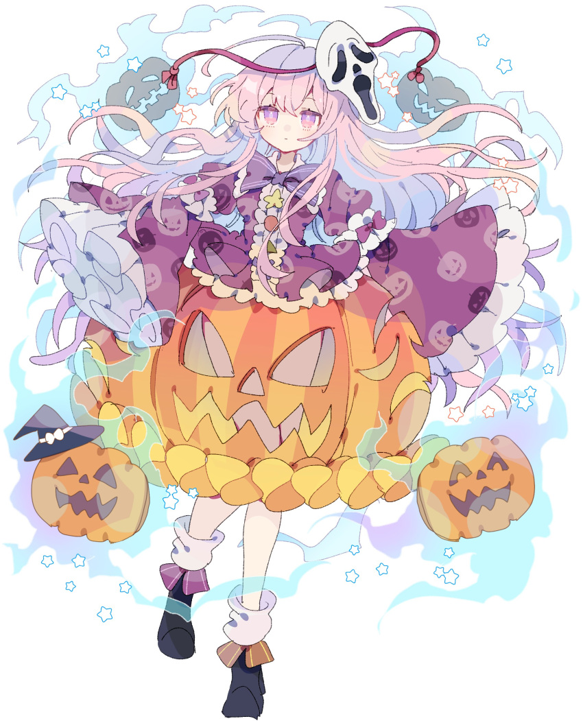 absurdres ahoge black_footwear bow bowtie bubble_skirt center_frills commentary expressionless female frills full_body ghostface hat hata_no_kokoro highres huge_ahoge jack-o'-lantern jack-o'-lantern_print long_hair looking_at_viewer mask mask_on_head nikorashi-ka orange_skirt pink_eyes pink_hair purple_bow purple_bowtie purple_shirt red_ribbon ribbon scream_(movie) shirt skirt sleeves_past_wrists socks solo star_(symbol) symbol-only_commentary touhou very_long_hair white_background white_socks wide_sleeves witch_hat