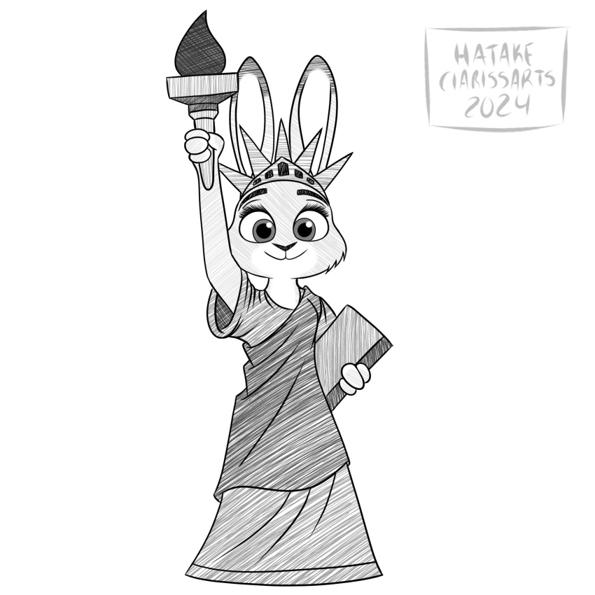 2024 anthro cosplay disney female female/female hatakeclarissarts hi_res holding_object judy_hopps lagomorph leporid mammal monochrome rabbit smile solo statue_of_liberty torch zootopia