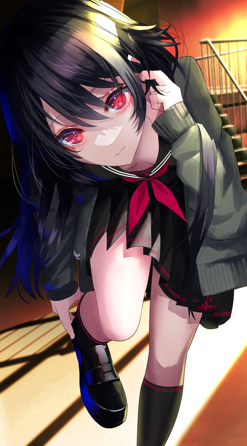 absurdres black_footwear black_hair black_shirt black_skirt black_socks breasts breasts_apart cardigan cleavage commentary downblouse expressionless female foot_out_of_frame grey_cardigan hand_in_own_hair handrail highres iris_black_games kisaragi_ren_(5th_costume) kisaragi_ren_(vtuber) leaning_forward loafers neckerchief official_alternate_costume official_alternate_hair_length official_alternate_hairstyle paw_print pleated_skirt putting_on_footwear red_eyes red_neckerchief shadow shirt shoes sidelocks skirt socks solo stairs standing swept_bangs virtual_youtuber vspo! yusuke_(shiota)