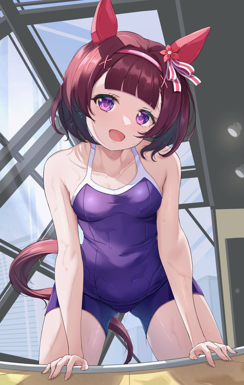 :d absurdres animal_ears blue_one-piece_swimsuit breasts brown_hair collarbone commentary_request ear_covers female highres horse_ears horse_girl horse_tail indoors looking_at_viewer maimuu nishino_flower_(umamusume) one-piece_swimsuit open_mouth purple_eyes school_swimsuit short_hair small_breasts smile solo swimsuit tail tracen_swimsuit umamusume wet wet_clothes wet_swimsuit