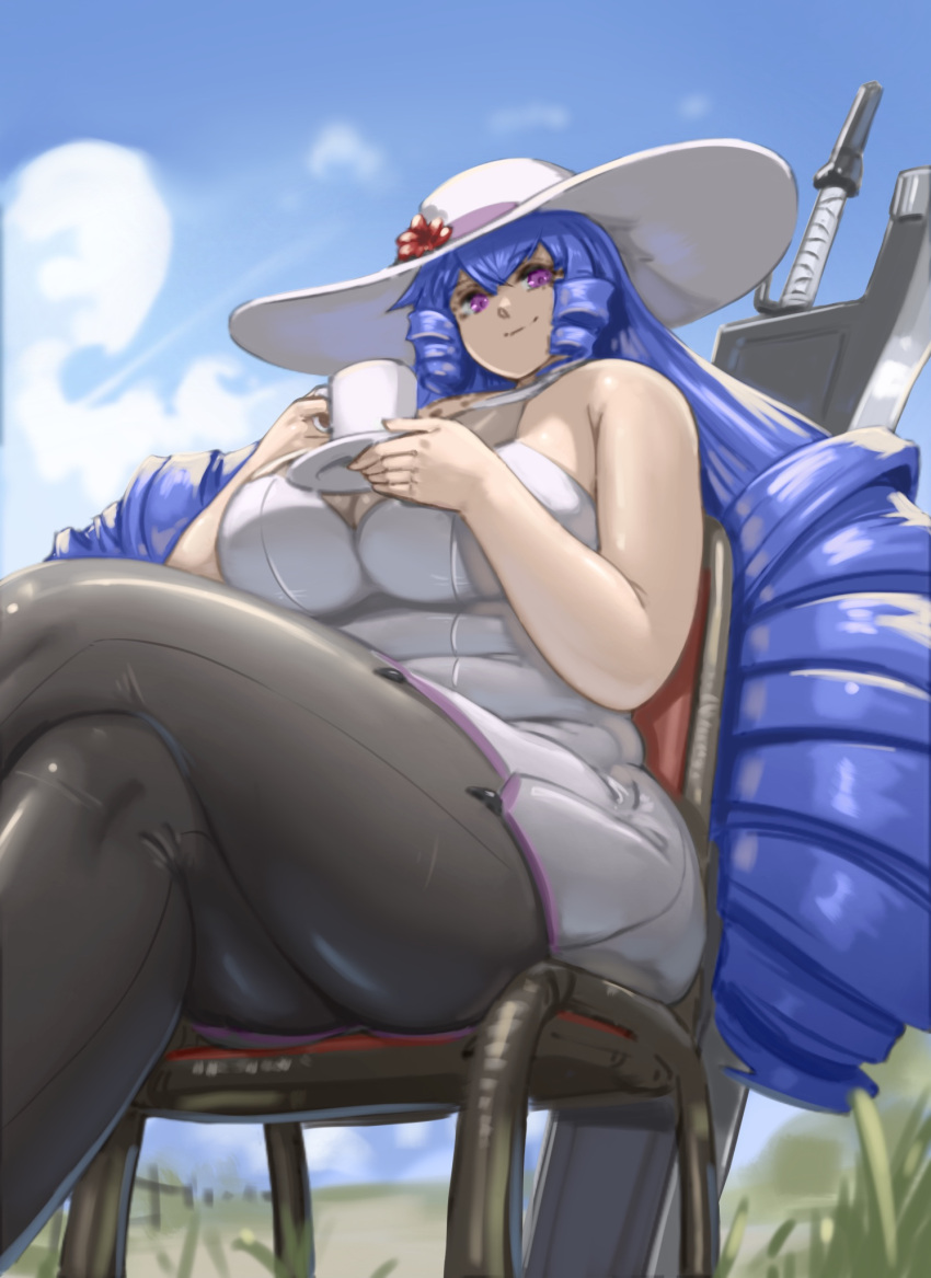 alterxsu blue_hair blue_sky breasts chair cleavage closed_mouth cloud cloudy_sky commission crossed_legs cup dress feet_out_of_frame female flower hair_between_eyes hat hat_flower highres holding large_breasts long_hair looking_at_viewer original outdoors pink_eyes plump sitting sky sleeveless sleeveless_dress solo split_mouth thick_arms thick_thighs thighs white_dress white_hat