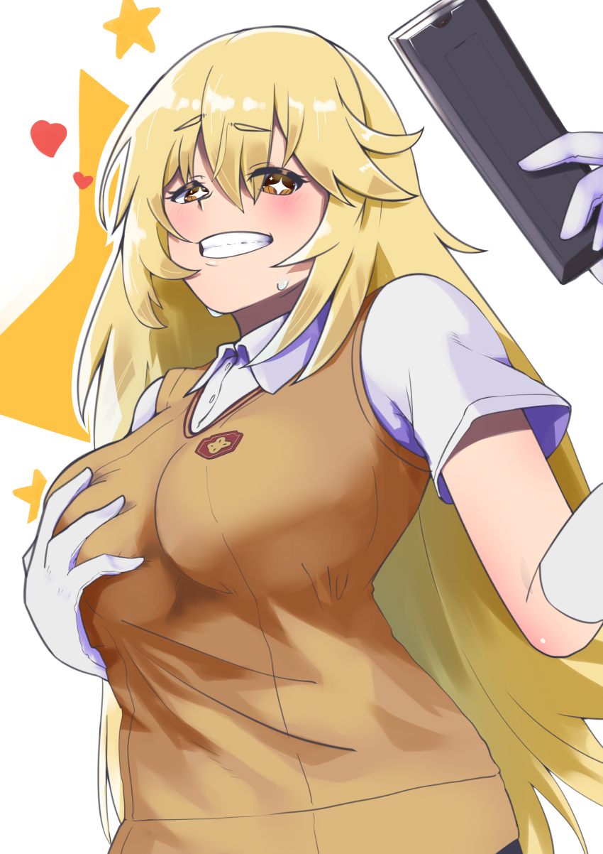 absurdres blonde_hair breasts brown_sweater_vest collared_shirt controller dated_commentary elbow_gloves female gloves grabbing_own_breast grin hair_between_eyes highres holding holding_remote_control large_breasts long_hair looking_at_viewer nisikan0724 remote_control school_emblem school_uniform shirt shokuhou_misaki short_sleeves smile solo sparkling_eyes star_(symbol) star_symbol_background summer_uniform sweater_vest toaru_kagaku_no_railgun toaru_majutsu_no_index tokiwadai_school_uniform white_background white_gloves white_shirt yellow_eyes